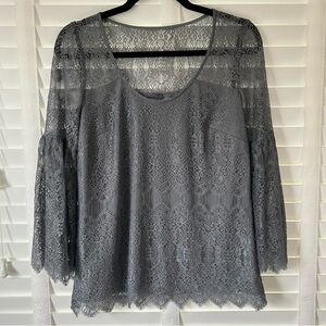Kensie Blouse Gray Shimmer Dressy Lacy Tunic Top 3/4 Sleeves Lined Size Small